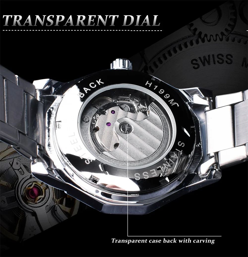 Forsining 199A  Clock Mechanism Skeleton Transparent Silver Stainless Steel Mens Automatic Mechanical Male Watch Birthday Gift