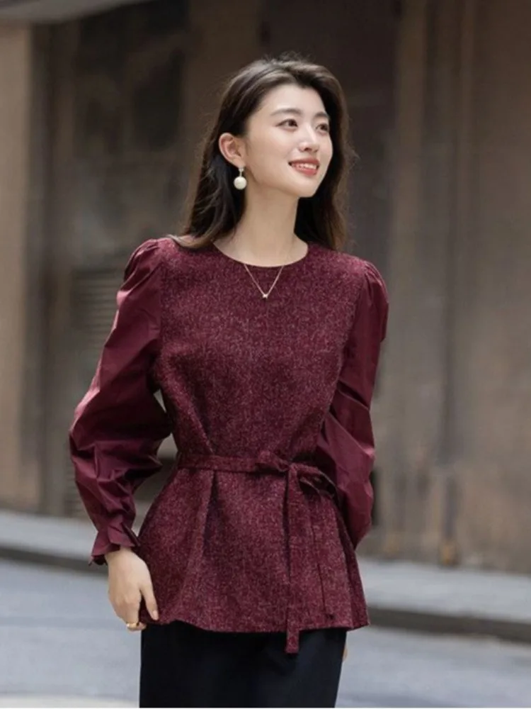 Elegant Anti-Aging Red round Neck Bubble Sleeve Shirt Women's Autumn Waist Cinching Slimming Design Sense Blouse Top