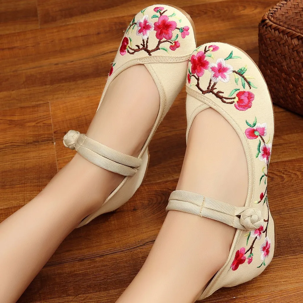 Women Spring Summer Peach Buckle National Wind Embroidered Women\'s Casual Shoes Size 9 Dress Shoes for Women Business Casual