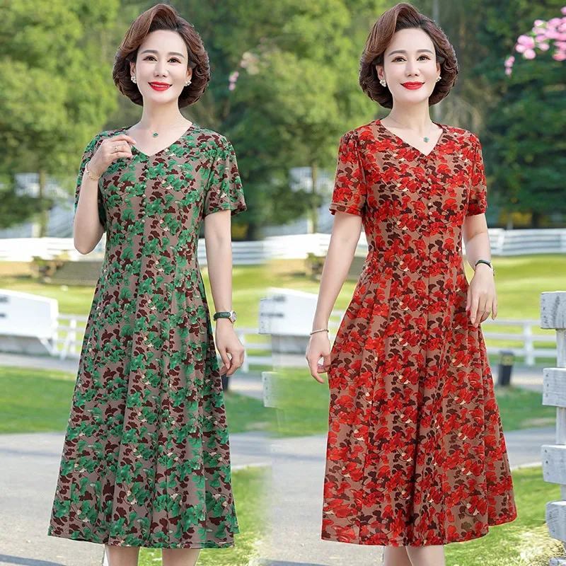 

Fashion Print Summer Dress For Women Flowers Short Sleeve Dress Plus Size Slim Waist Beach A-Line Dress 5XL