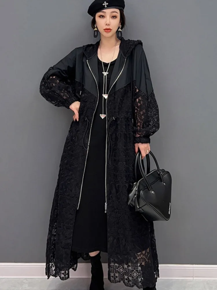 SHENGPALAE Woman Hollow Out Printing Hooded Trench Coat Loose Zipper Cardigan Black Coat Outerwear Clothes 2024 Spring 5R1164