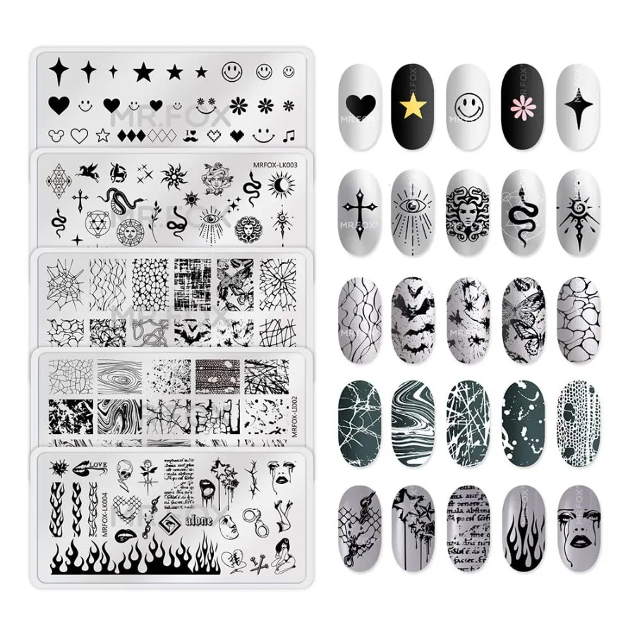 

5 Pcs Nail Plates Stamping Set for DIY Nail Art with Marbled Punk Spider Web Heart Star Theme Leaf Design Ideal for Creative Na