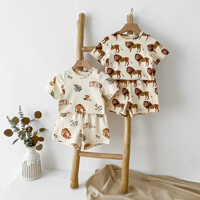 Kids Clothing Set Summer Boys Clothes Suit Animal Print Pure Cotton Tee And Shorts 2Pcs Children Track Suit