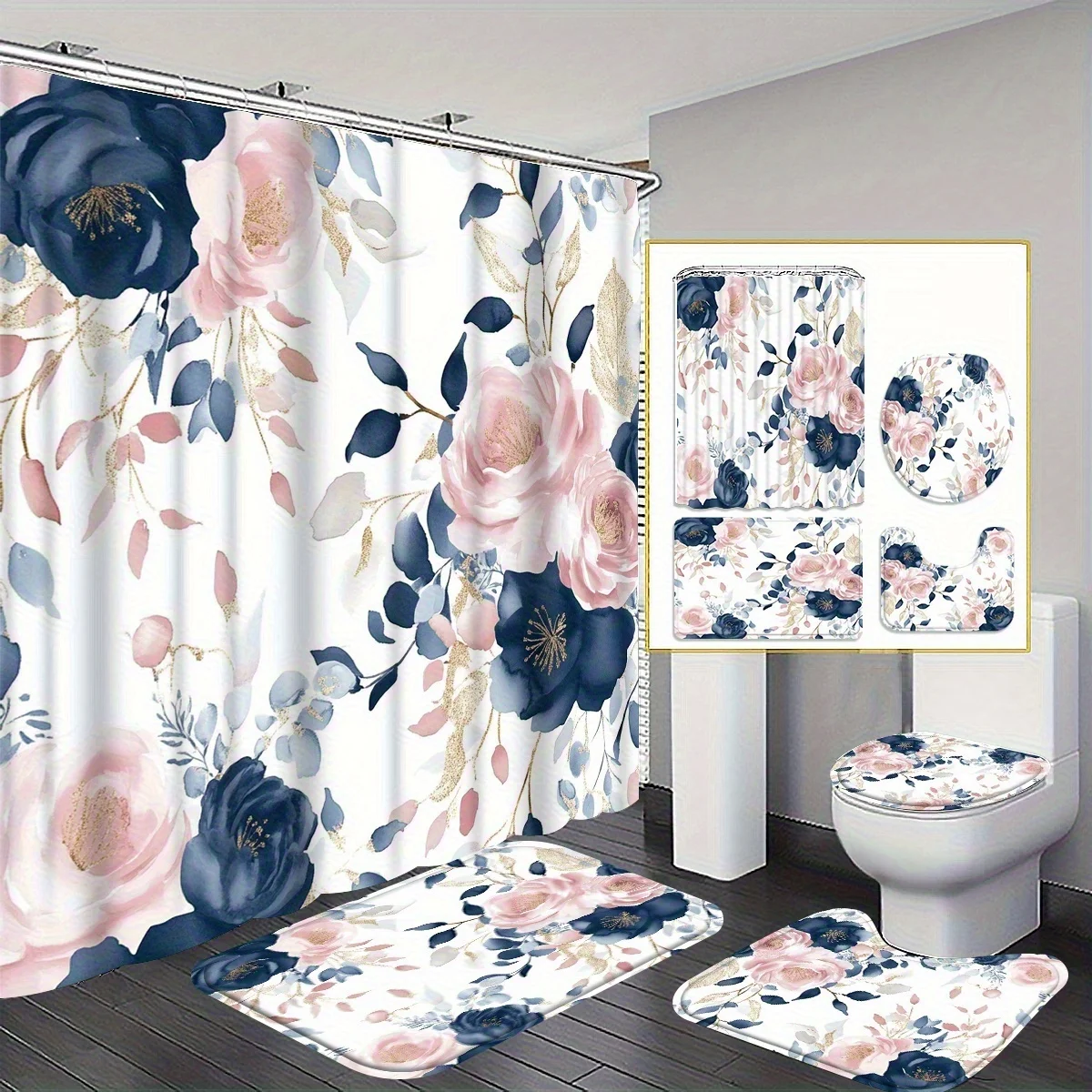 

4pc Navy blue and pink rose bathroom decor, U-shaped mat, non-slip mat, toilet seat cover, shower curtain