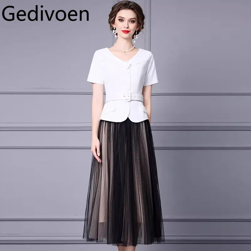 Gedivoen Summer Fashion Runway Designer Skirt Sets Women's Elegant Solid Color Sashes Coat+Net Yarn Flutter Skirt Two Pieces Set