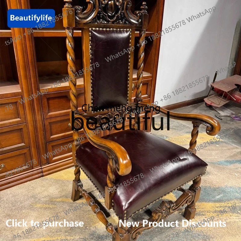 

C85 Retro solid wood carving flower high back dining chair, living room, leather armrest negotiation chair small apartment
