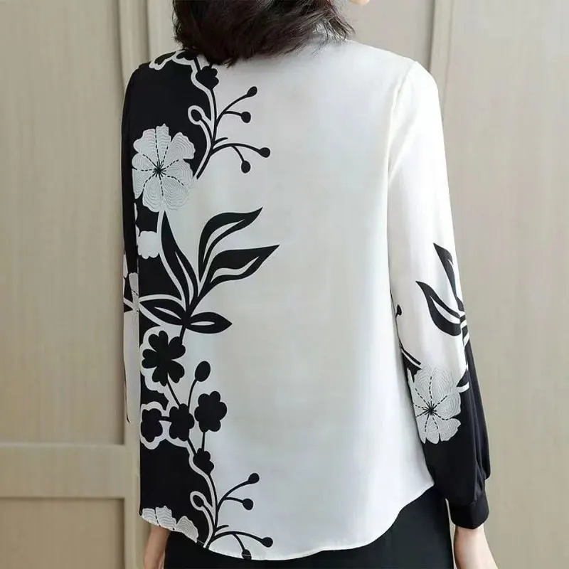 Stylish Chinese Style Printed Shirt Spring Long Sleeve Commute Turn-down Collar Female Clothing Single-breasted Spliced Blouse