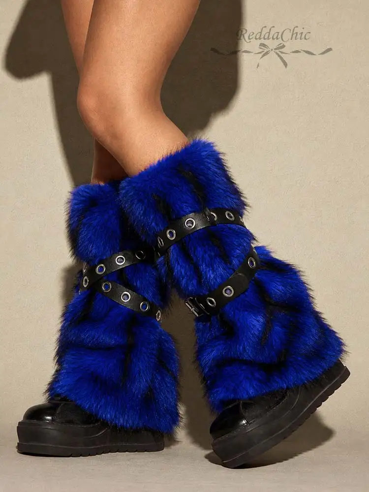REDDACHiC Rave Party Furry Boot Covers Women Retro Eyelets Belt Midi Long Faux Fur Leg Warmers Winter Music Festival Outfits