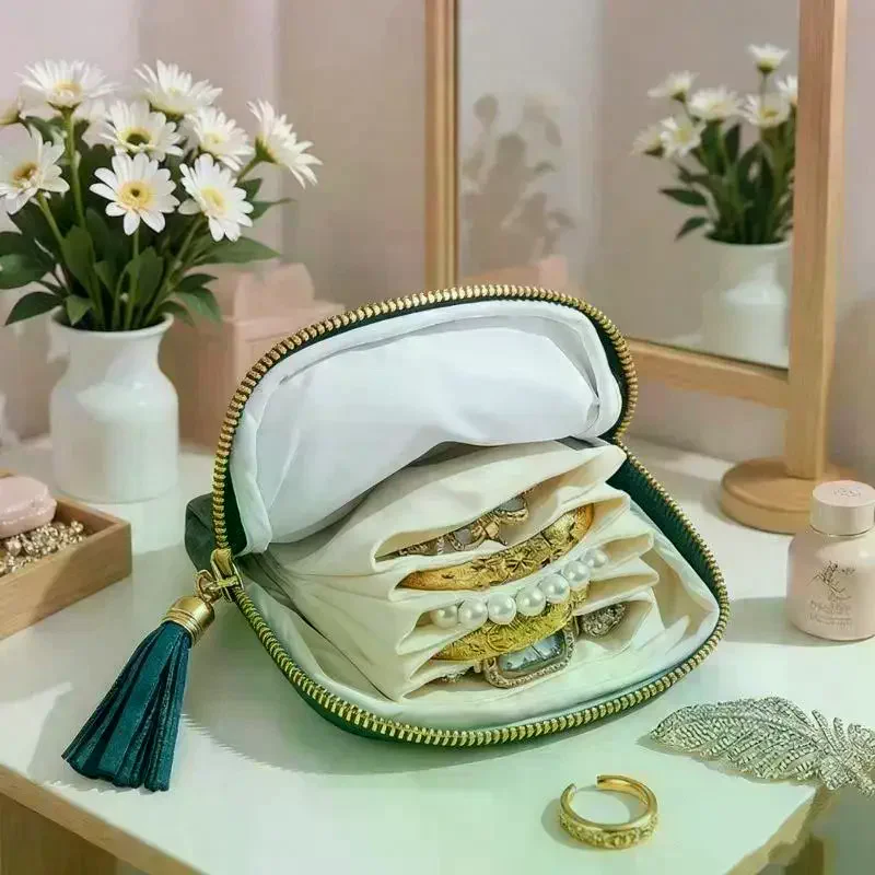 Velvet Jewelry Storage Bag 6 Large Capacity Layers Tassel Zipper For Travel Daily Use Hold Earrings Rings Bracelets Portable
