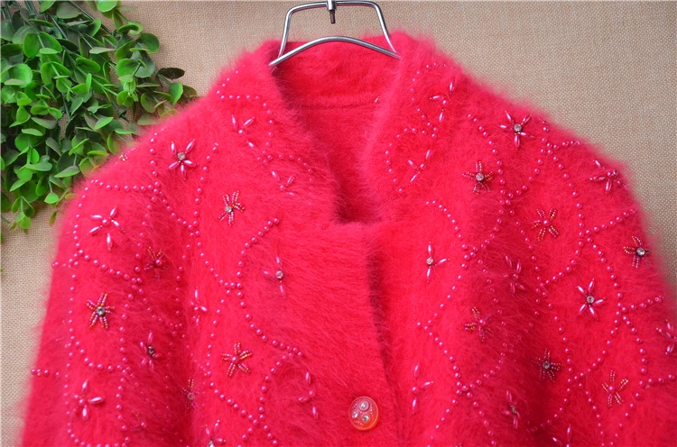 Women Mujer Autumn Winter Vintage Beading Embroidery Angora Rabbit Hair Knitted Long Batwing Sleeves Loose Cardigan Sweater Coat