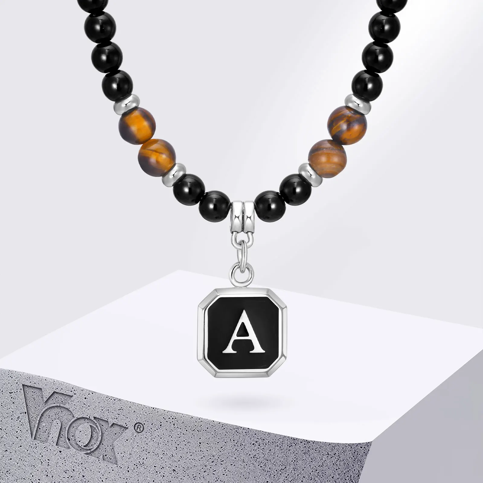 

Vnox A-Z Initial Necklaces with Tiger Eya Oynx Stones Beads Chain, Men Women Cool Geometric Square Neckalces, Name Letter Gift