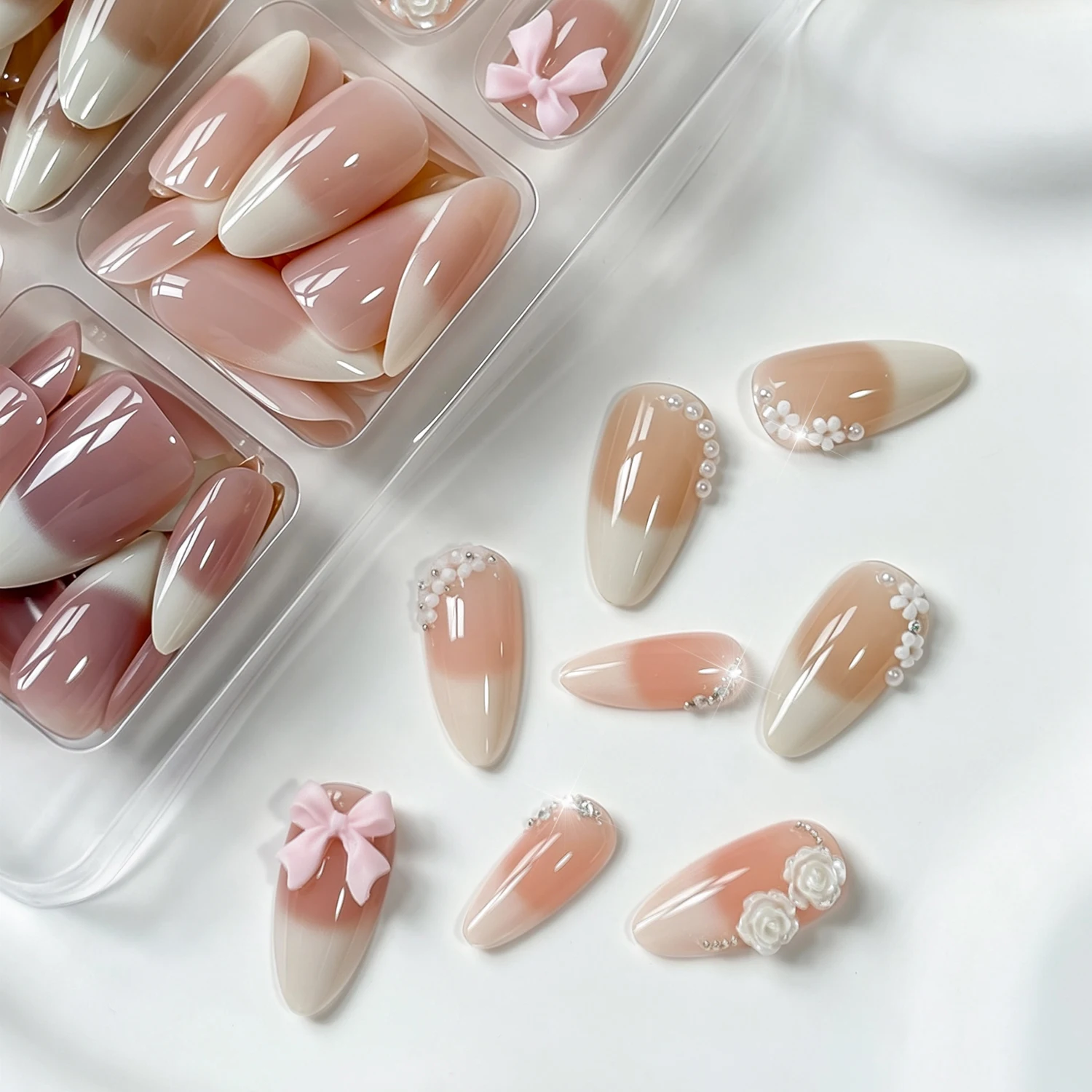 120Pcs Boxed Wearable False Nails Medium Almond Nude Pink Ombre 4 Styles Mixed 3D Rose Pearl Bow Decor Removable Manicure view 5