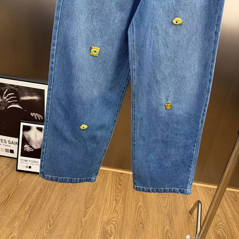 KBQ pantaloni causali larghi con diamanti impiombati solidi per donna a vita alta versatili jeans a gamba larga moda femminile stile invernale