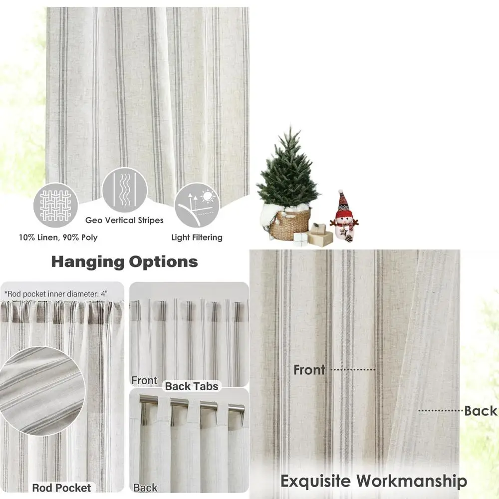 

95 Semi-Sheer Linen Blend Curtains, Grey Stripes, Farmhouse Style, Rod Pocket & Tabs, 40W x 95L (2 Pack)