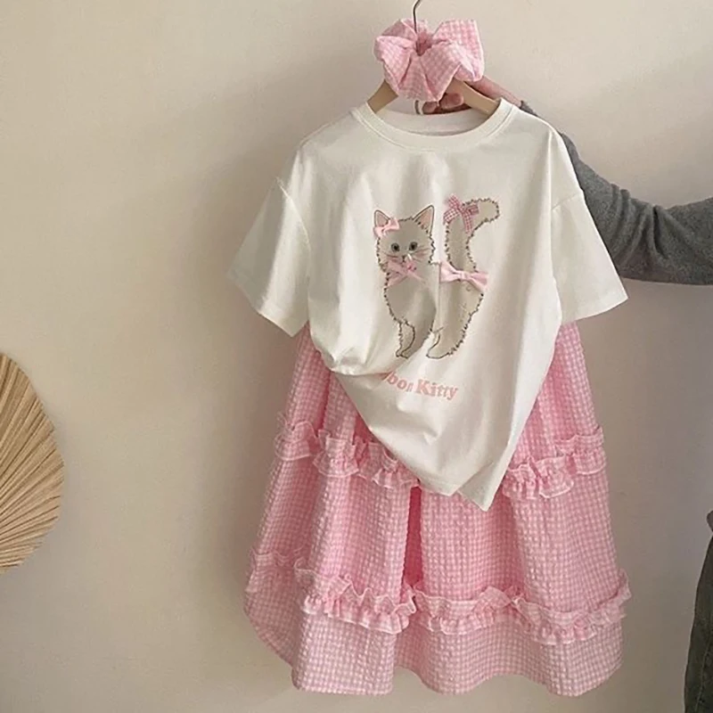 

2025 Summer Baby Girls Short Sleeve Dresses Set Cat T-Shirt+Plaid Skirt 2Pcs Suit Kids Fashion Clothing Toddler Casual Outfits