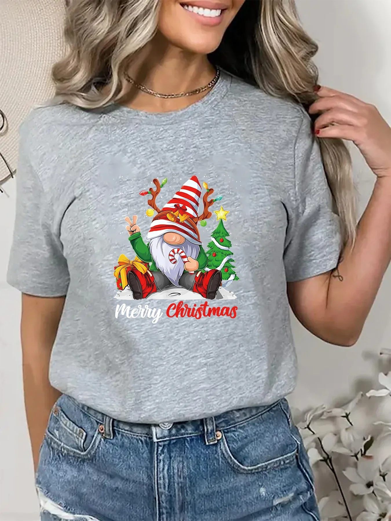 Merry Christmas Print T Shirt Women Short Sleeve O Neck Loose Tshirt Summer Tee Shirt Gnome Family Christmas Graphic Female Tops