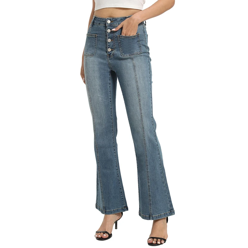 Flared Jeans Women Boot Cut Pants Luxury Design High Waist Stretch Denim Trousers Single Breasted Tights Bell Bottom Stylish