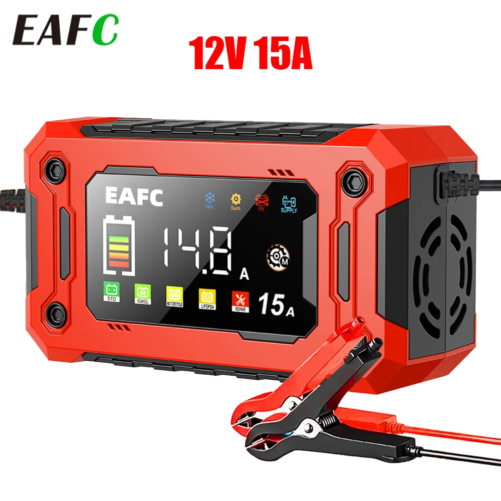 EAFC 12V 15A 8A Autobatterie-Ladegerät mit Großem Bildschirm, Pulsreparatur-Ladegerät für Auto, Motorrad, SUV, Lithium, AGM, Blei-Säure, GEL, LCD-Anzeige