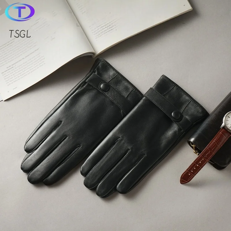 

Fashion Business Men Winter Driving Mittens Genuine Leather Gloves Sheepskin Windproof Velvet Lining Motorcycle Glove