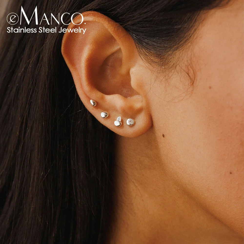 EMANCO Stainless Steel Tiny Smooth Bean Paved Zircon Stud Earring Pack Minimalist Style for Everyday Wear Dating Casual Occasion
