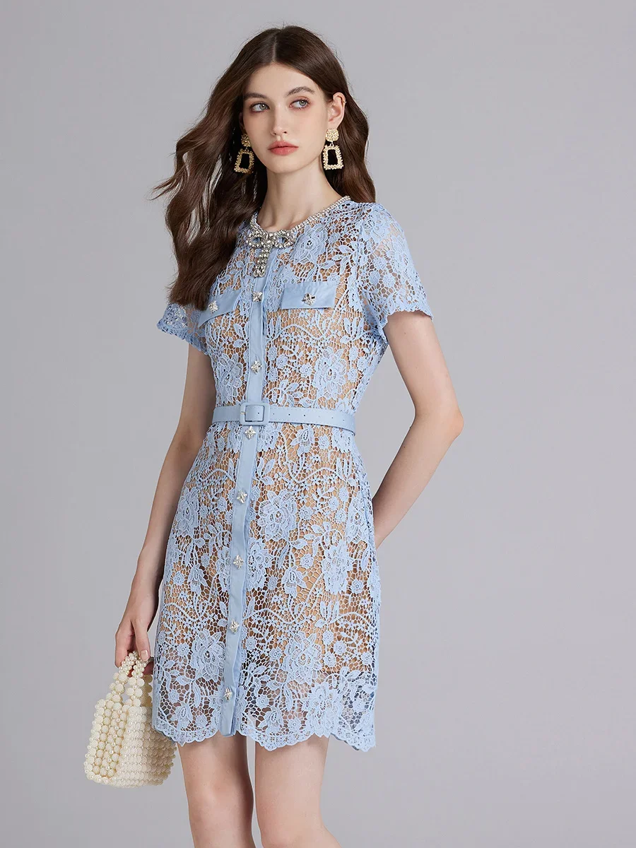 Runway Water Soluble Lace Blue Party Dress Women's Luxury Hollow Out Diamonds Bowknot Buttons Evening Prom Mini Dress With Belts