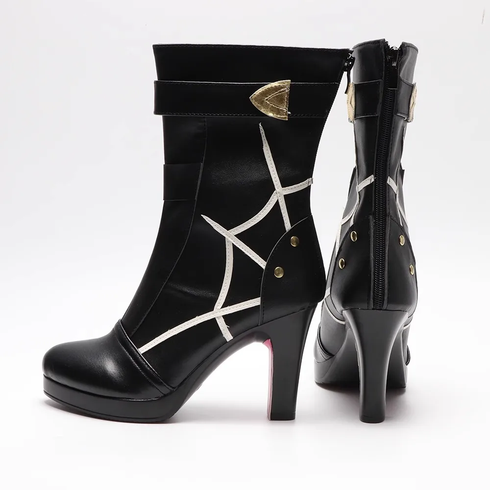 Trend Honkai:Star Rail Kafka Short Boots PU Leather Metal Buckle Laces Spider Web Pattern Heels Boots Cosplay Shoes For Boy Girl