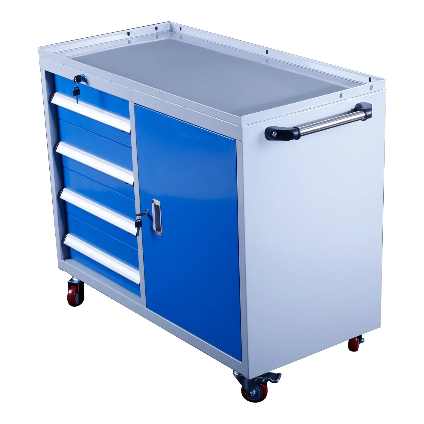 Factory Wholesale Multifunctional Mobile and Lockable Parts Storage Cart with Four Drawers and One Cabinet Hardware Maintenance