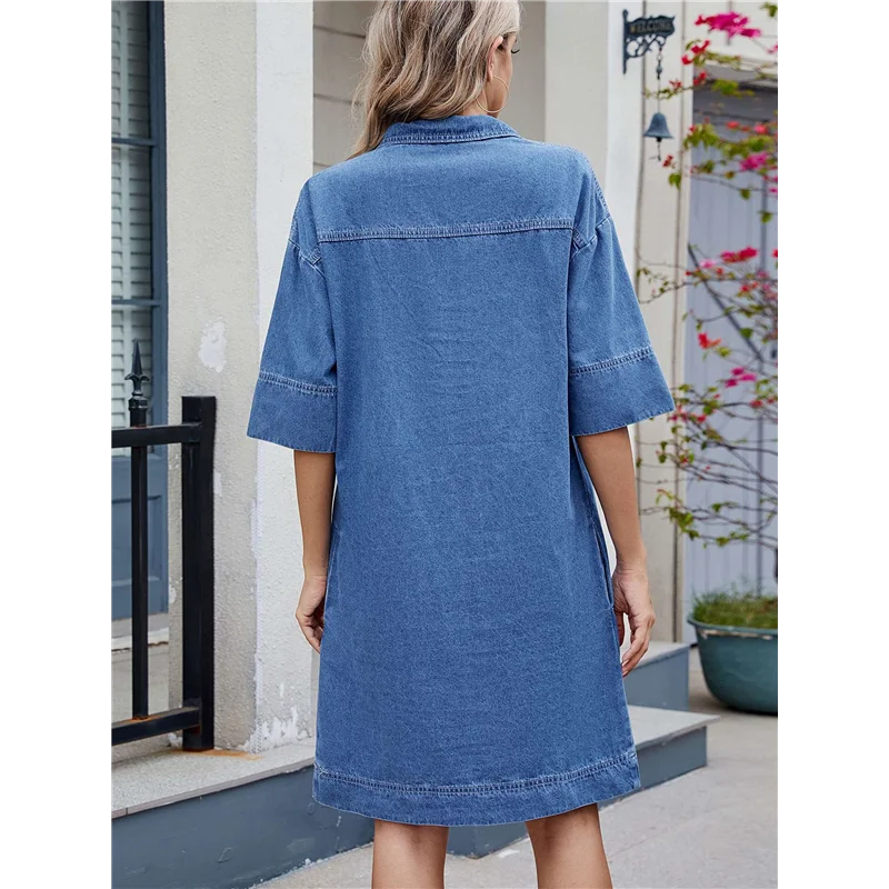 فستان قميص نسائي من قماش الدنيم صيفي بياقة على شكل V فساتين جينز كاجوال صغيرة مع جيوب