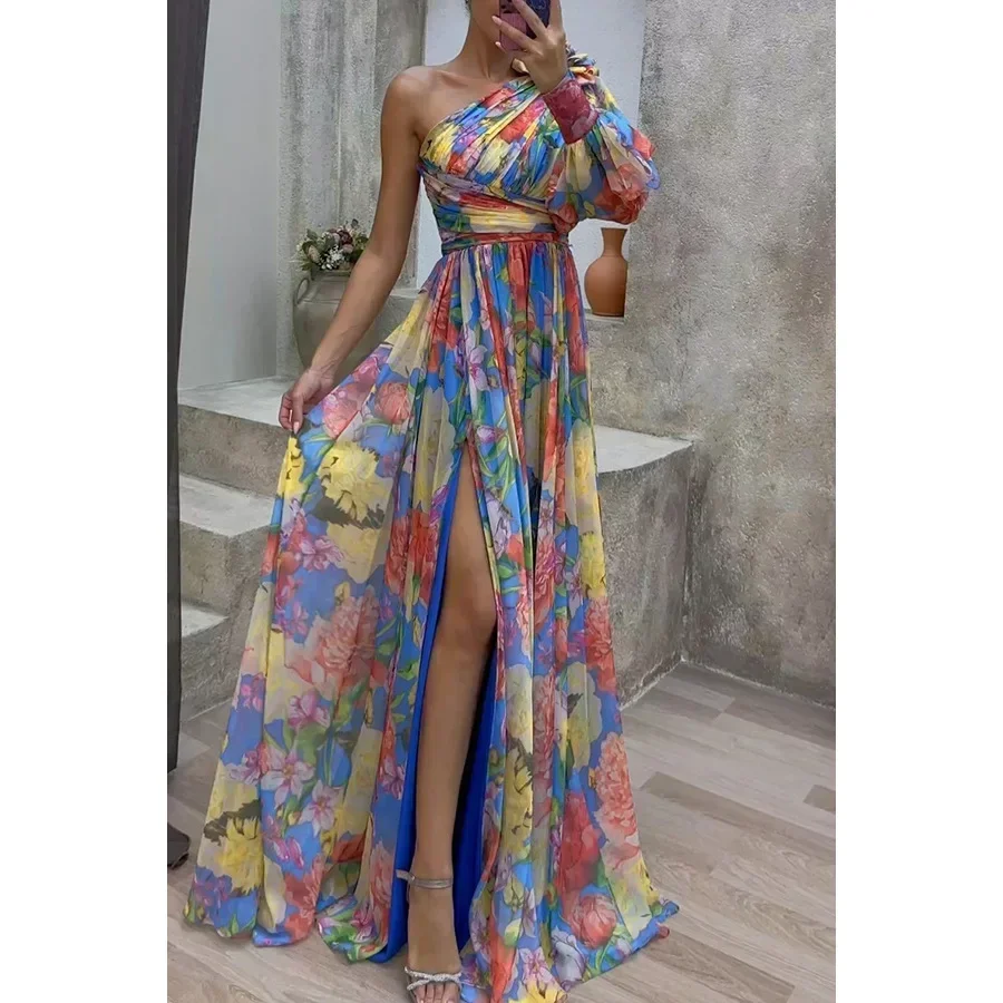 

2026 Summer Women Floral One-shoulder Side Split Elegant Long Dresses Evening Dress Female Fashion Party Club Dress