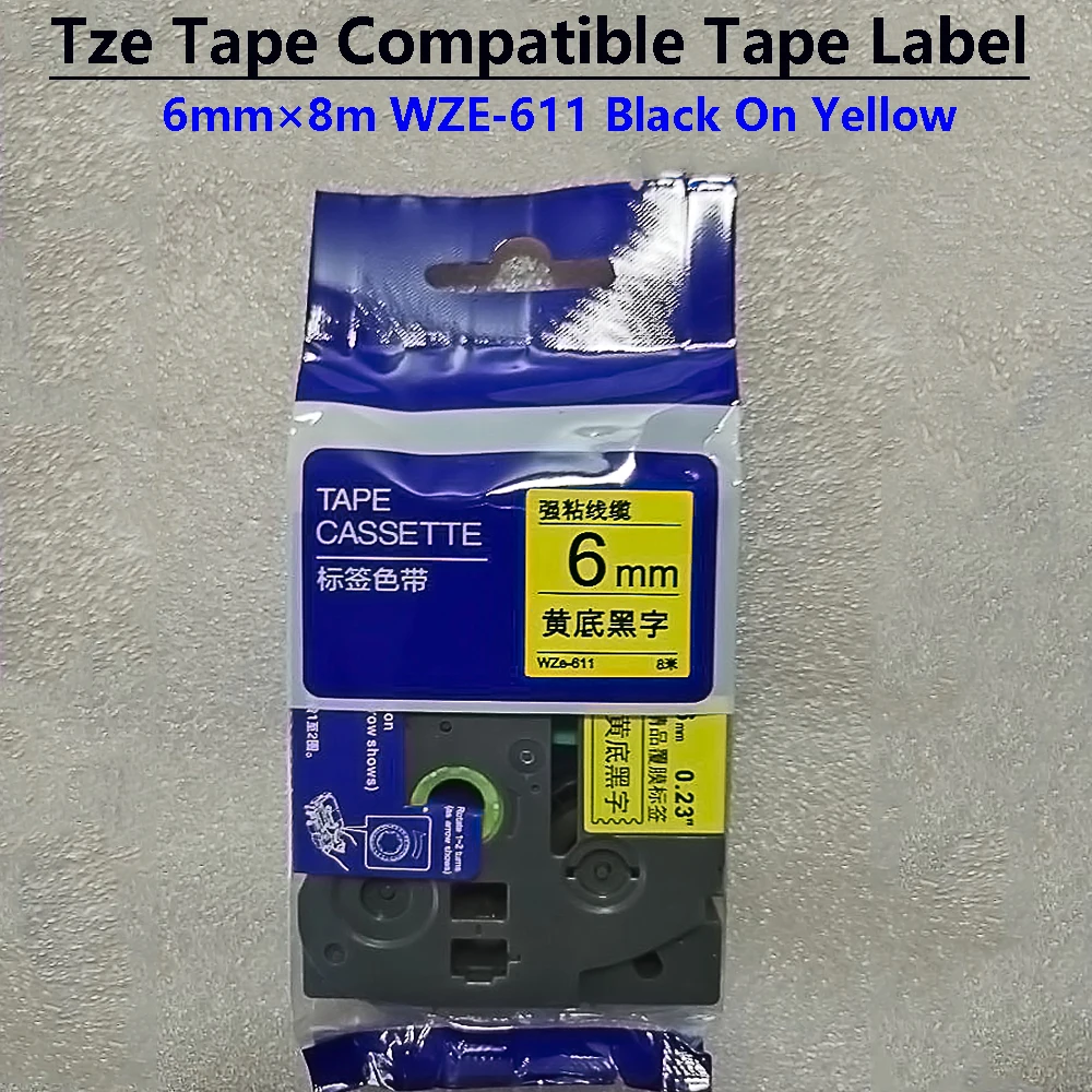 10PCS TZ TZE-611 Tape Compatible BLACK ON YELLOW Label Tape WZE-611 Labeling Ribbon For Ptouch Labeling Machine Label Maker