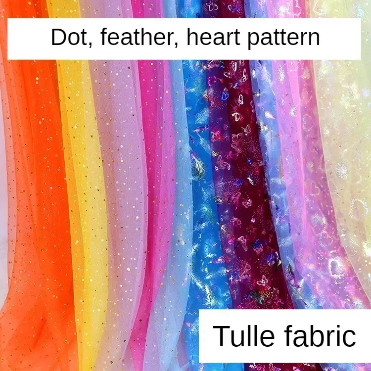 Butterfly Polka Dot Tulle Mesh Fabric By Meters for Skirts Clothing Decoration Sewing Transparent Feather Glitter Soft Cloth Red