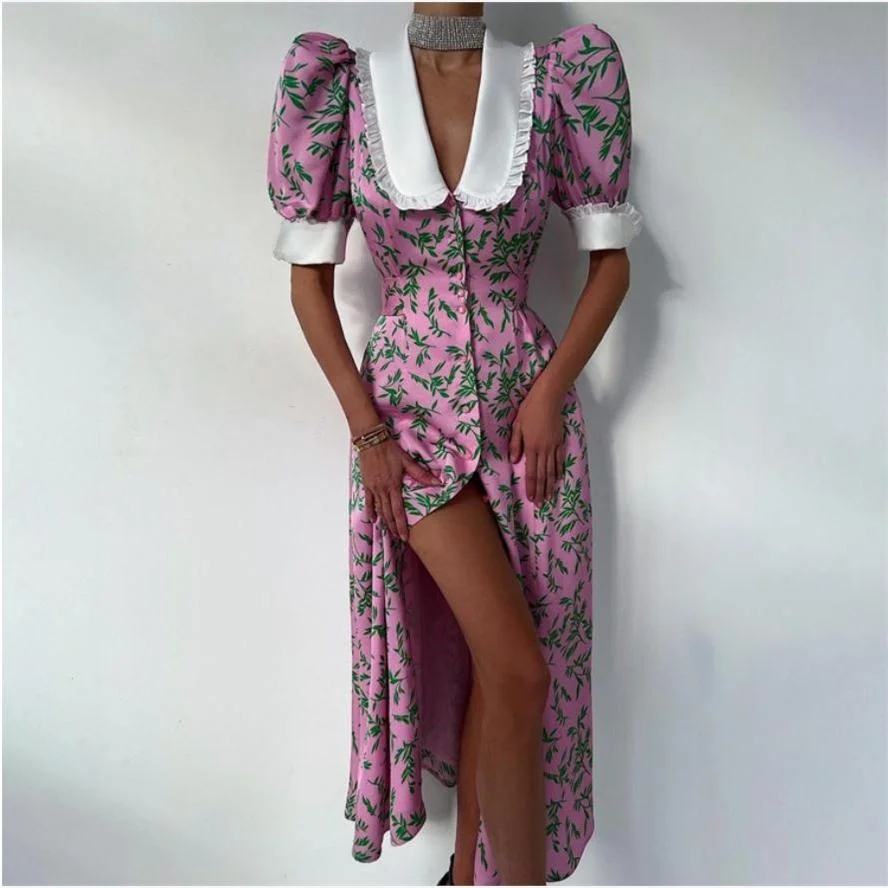 Elegant Floral Print Long Dress with Puffy Sleeves And Waist-Cinching High Waist Design Perfect for Summer Single Piece