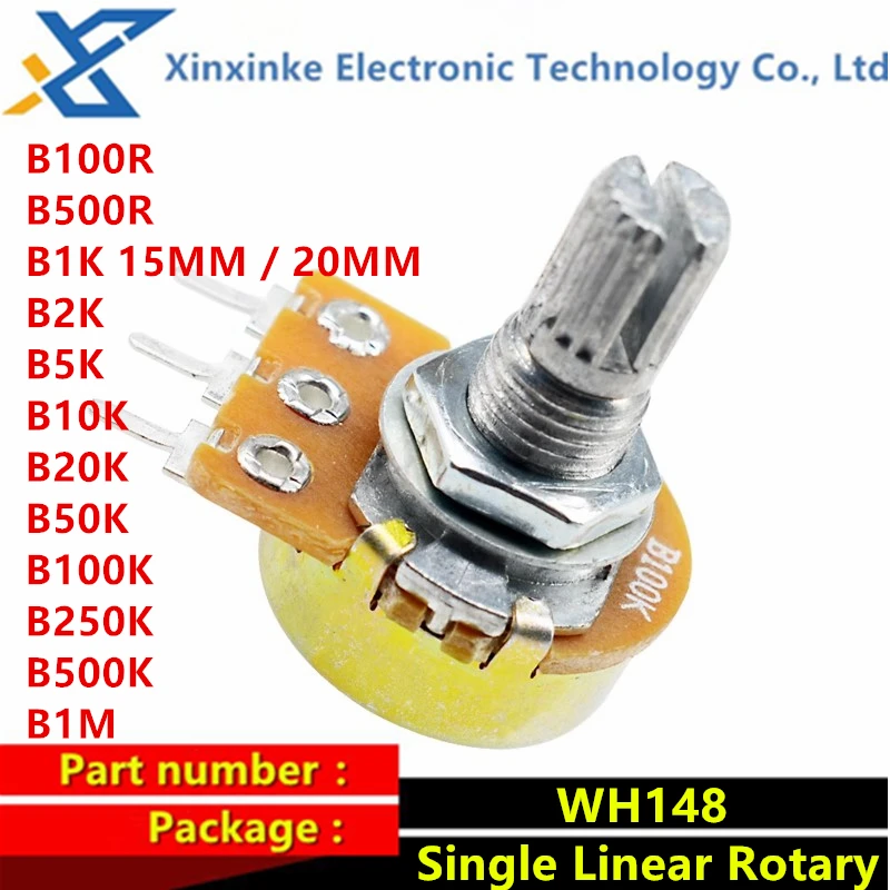 5ks WH148 3PIN B1K 2K 5K10K 20K 50K 100K 500K ohm 15MM rezistor po jednom lineární rotační nastavitelný potenciometr B1M B100R B500R