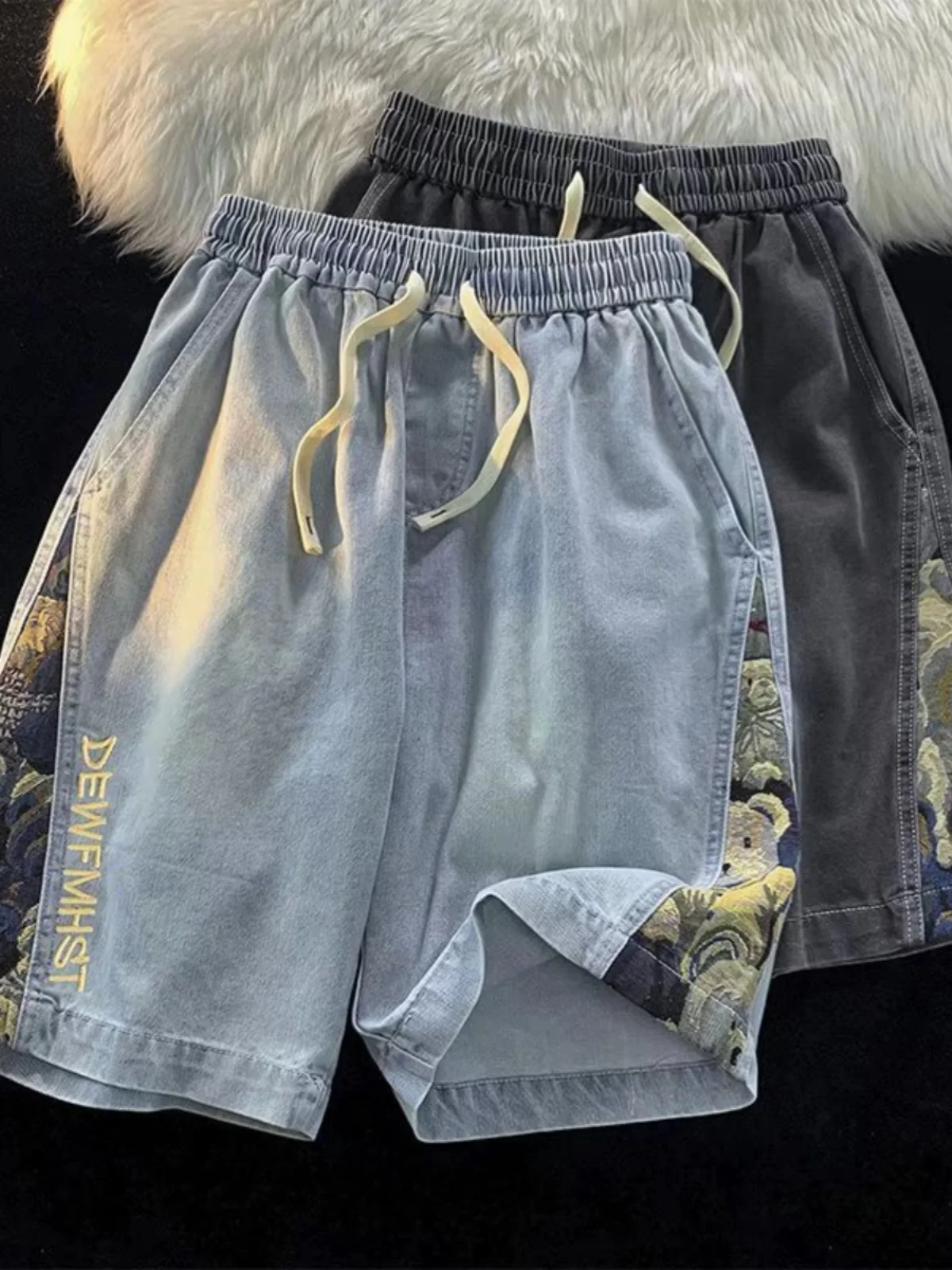 

Ретро джинсы с вышивкой и пэчворком, мужские, на эластичной резинке, летние, тонкие, модные, свободные, укороченные, прямые, повседневные