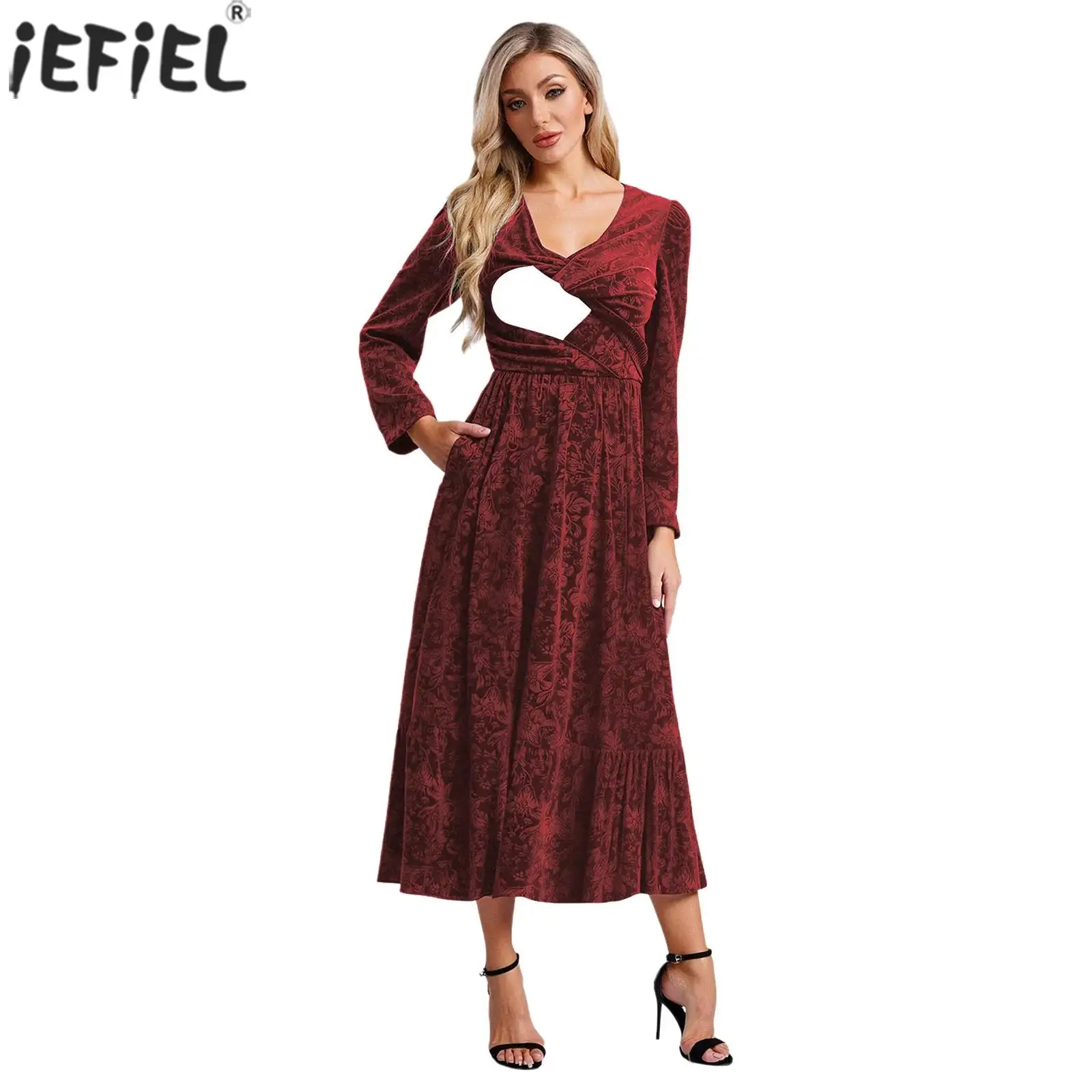 

Women Nursing Dresses Long Sleeves V-Neck Floral Pattern Velvet Maxi Dress Breastfeeding Gown for Wedding Banquet Birthday Party