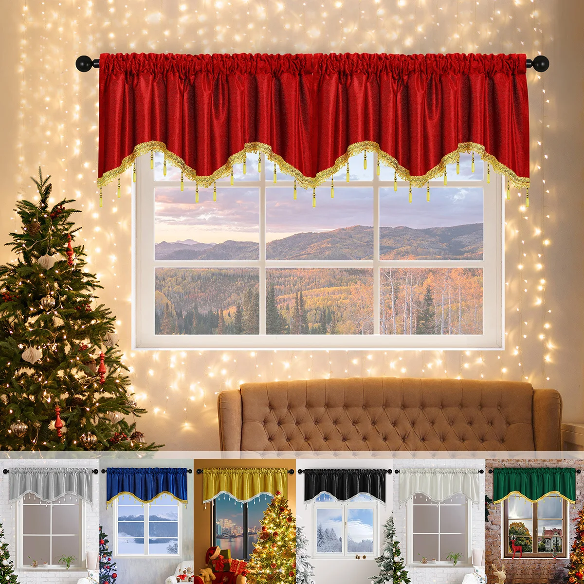 1pc Italy Fabric S-Shaped Curtain Valance with Bead，Modern Pure Color Wave Valance for Living Room,  Chrismas Festive Home Decor