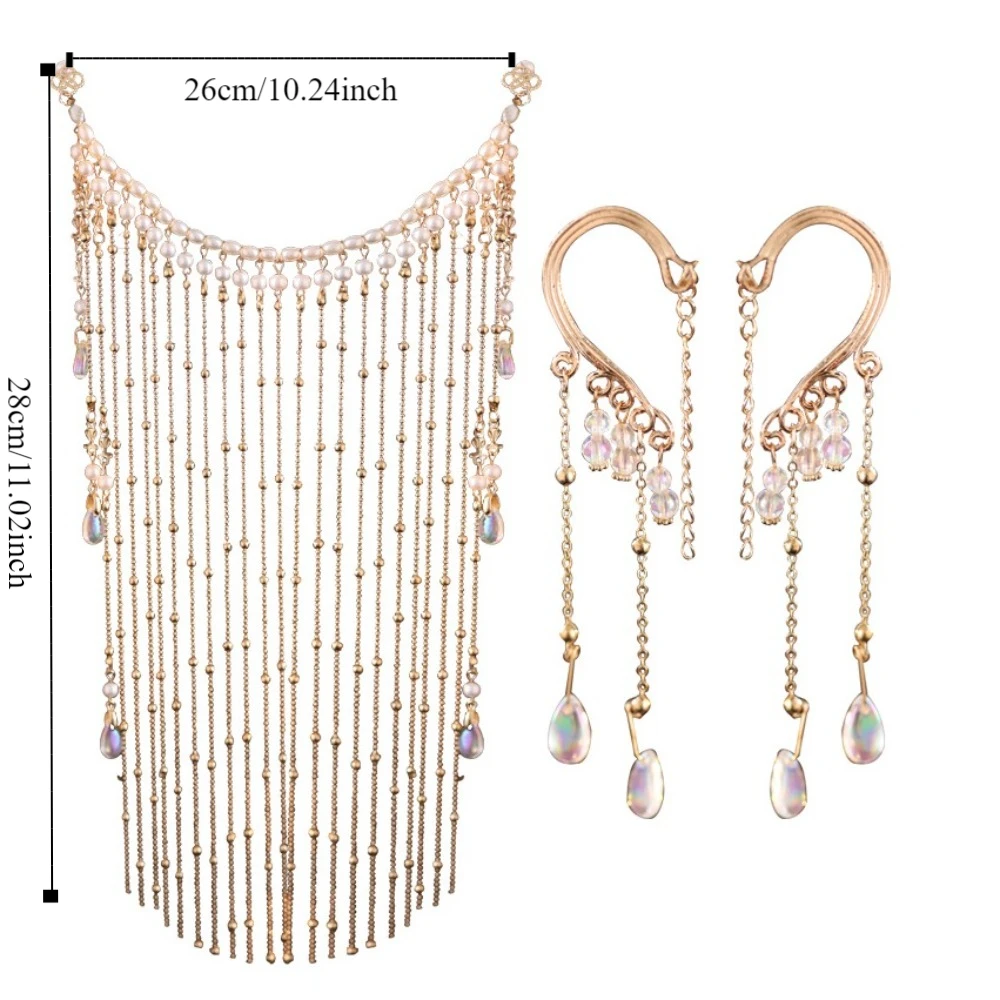 럭셔리 진주 Hanfu 얼굴 체인 귀 걸이 머리 장식 황금 요정 마스크 술 고대 스타일 신비한 베일 파티