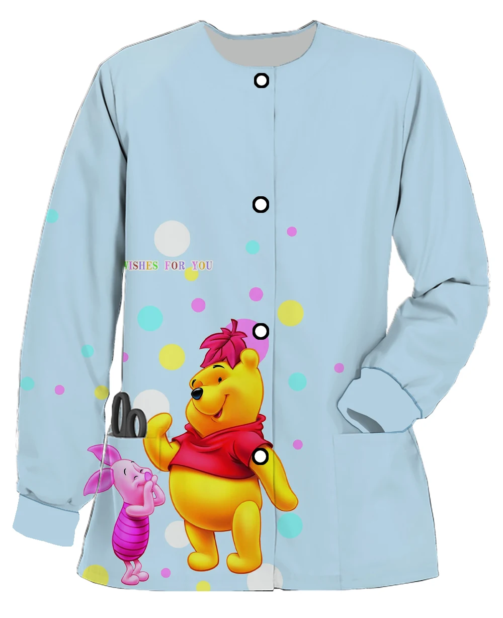 Dental Beauty Salon Work Uniform Ladies Men Casual Cartoon Print Disney Winnie the Pooh Scrub Jacket Nurse Dress Casual Coat