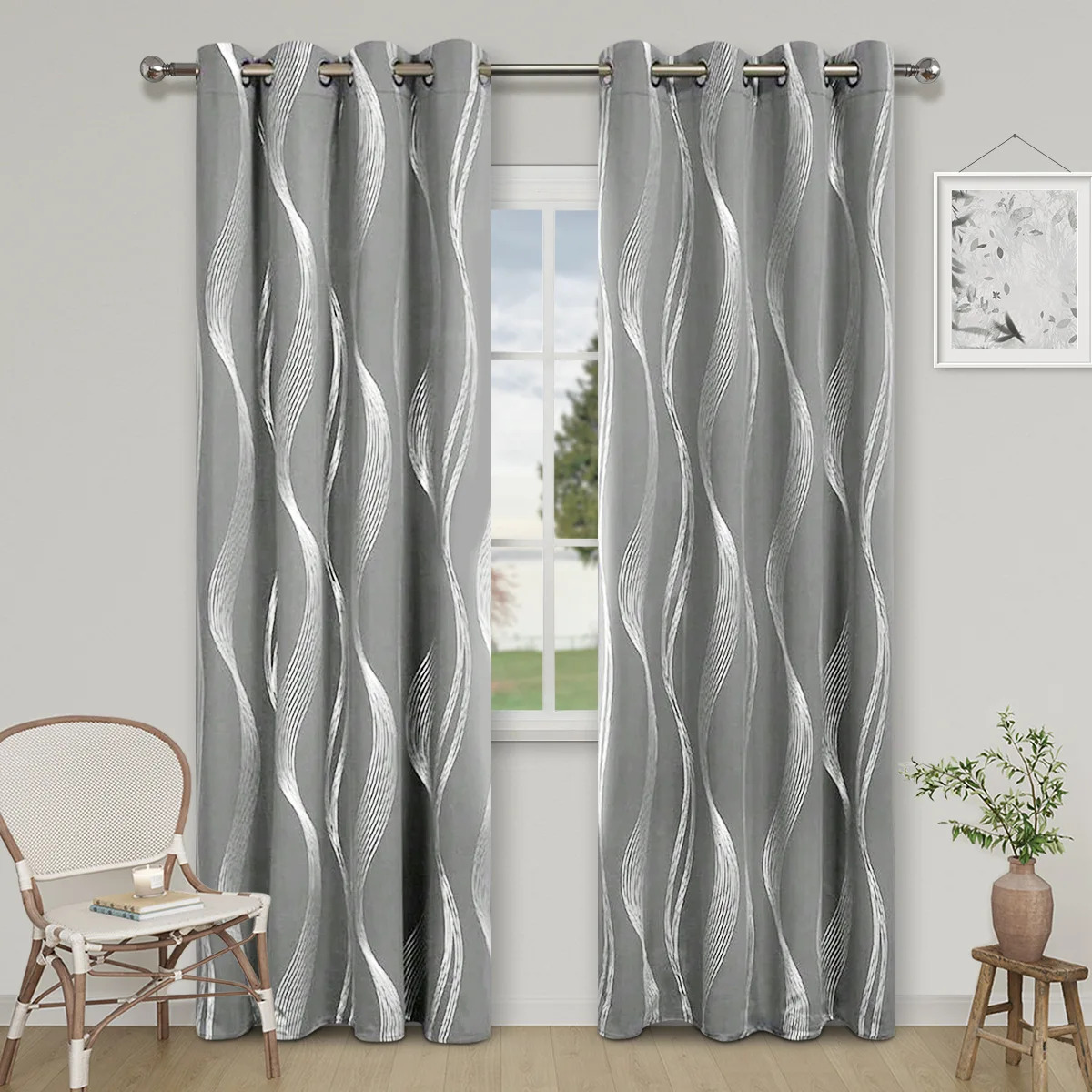 (53) Customized Silver Wave Pattern High Precision Blackout Curtains