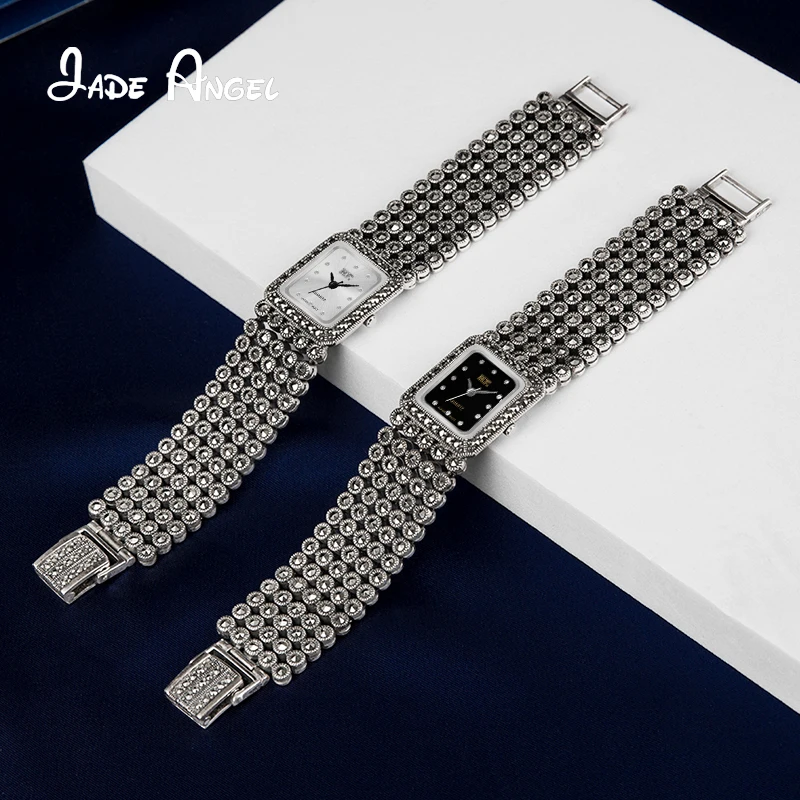 JADE ANGEL 925 Sterling Silver Ladies Vintage Oblong Quartz Watch Bracelet Classic Entry Lux High Quality Jewelry For Gift