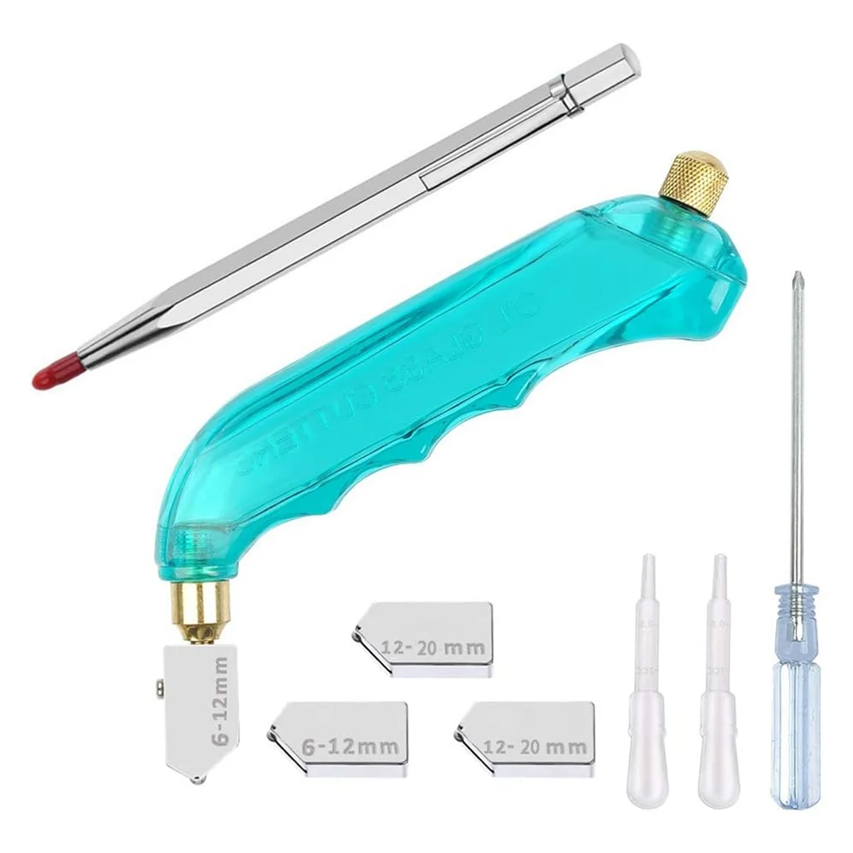 

Glass Cutting Tool Kit Includes Blue Oil Feed Glass Cutter with 3 Extra Replacement Head(6mm-12mm,12mm-20mm)