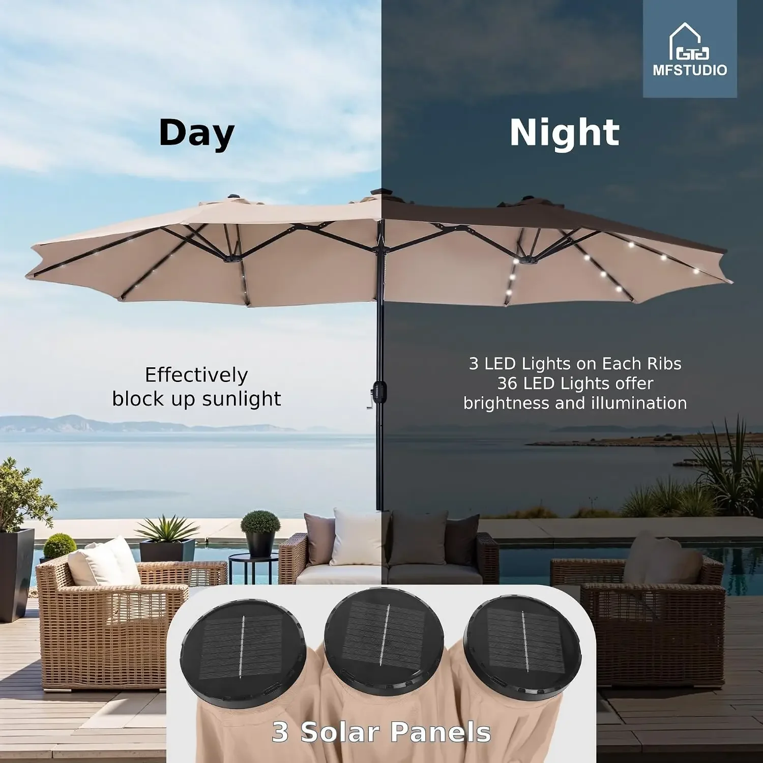 15ft Patio Umbrella with Solar Lights & Base, Double-Sided, Beige | Double Umbrella, Large Outdoor Umbrellas for Patio, Market