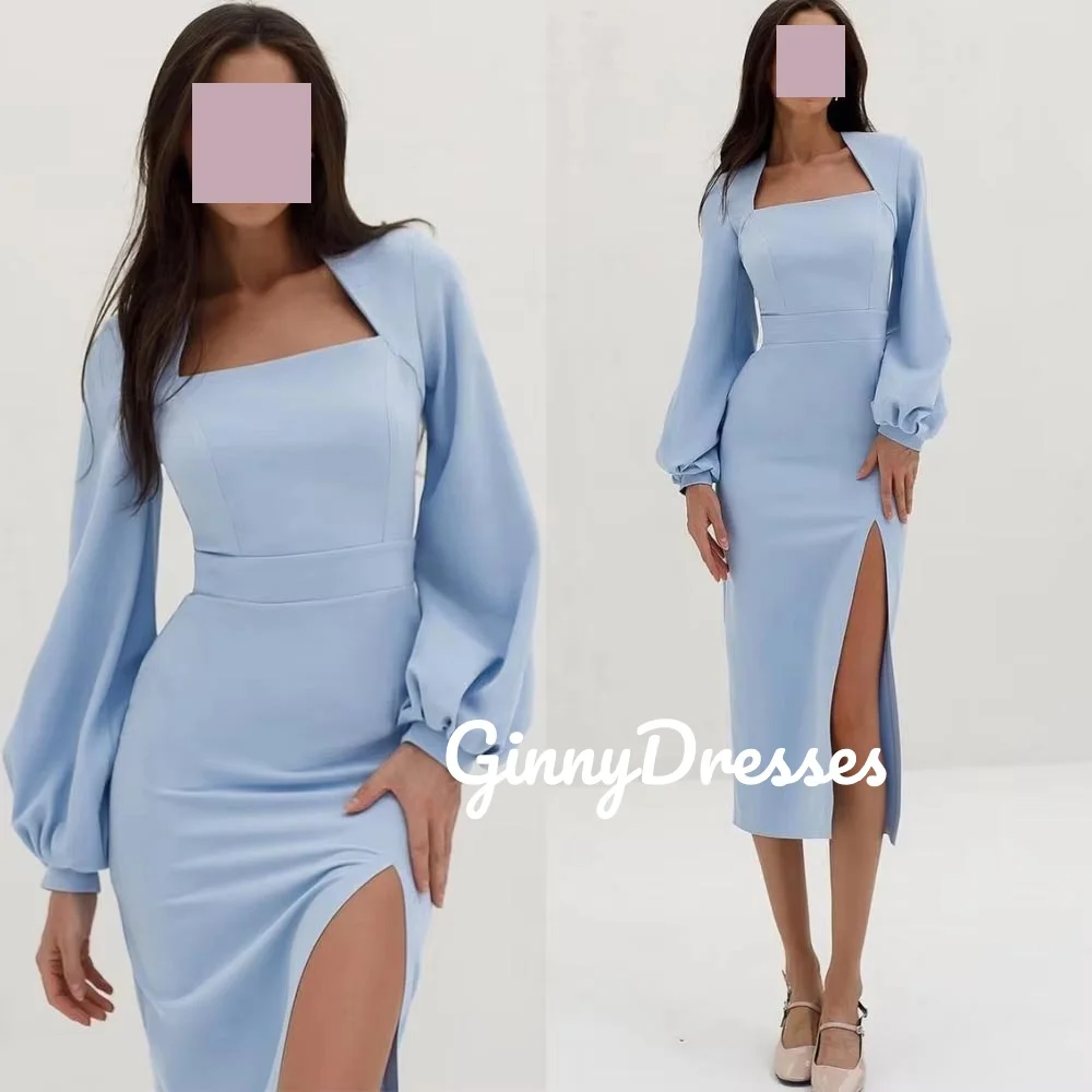 

Бальное платье на заказ, квадратный вырез, длинные рукава, элегантные вечерние платья чайной длины для женщин, коктейльные платья с рюшами на молнии