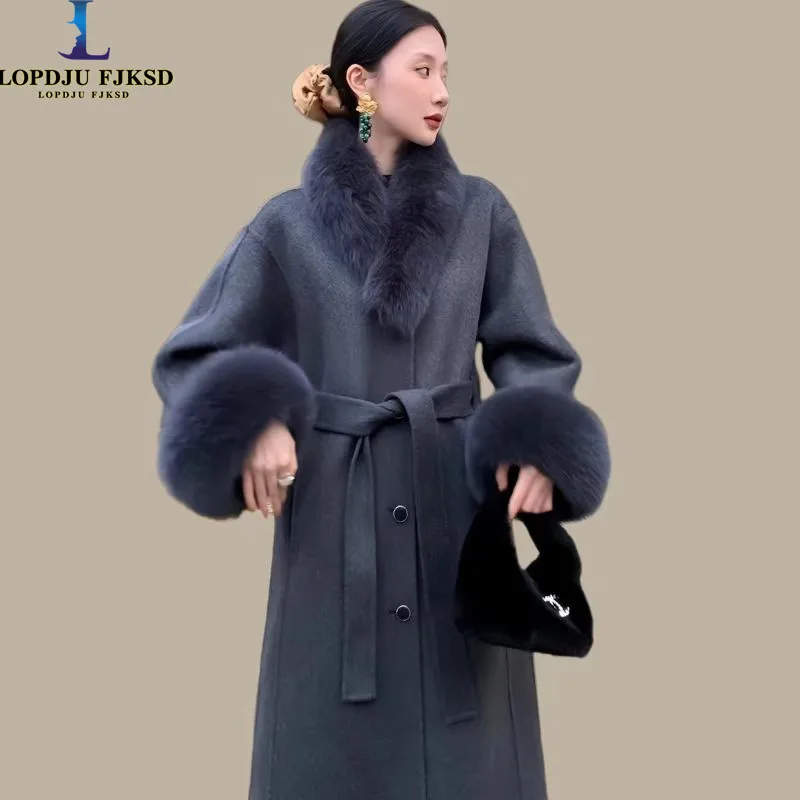 Woollen Coat for Women,Adjustable Waist Jacket,Fur Collar Overcoat,Single Breasted,Elegant Female Clothes,Autumn Winter,2025