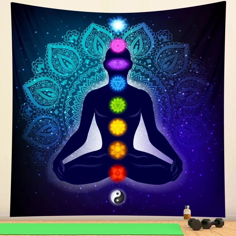 VIKAMA Chakra Tapestry Meditation Wall Hanging Flower of Life Yoga Art with Lotus Position Silhouette for Bedroom Studio Decor