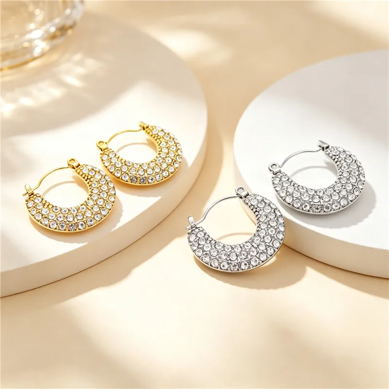 Full Cubic Zirconia C Shape Hoop Earrings Stainless Steel Huggie Earrings Gold Silver Color Fashion Women Party Accessories