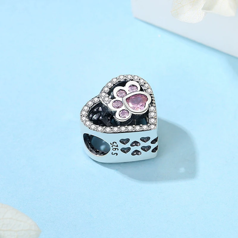 Original 925 Sterling Silver Charms Love Pets Dog Cat Paw Print Pendant Beads Fit Brand Bracelets Necklaces Women DIY Jewelry