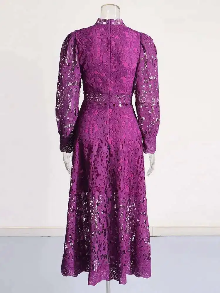 Purple Green Dress For Women Stand Collar Long Sleeve High Waist Cut Out Solid Midi Dresses Female Autumn Clothes 2025 New PA8W