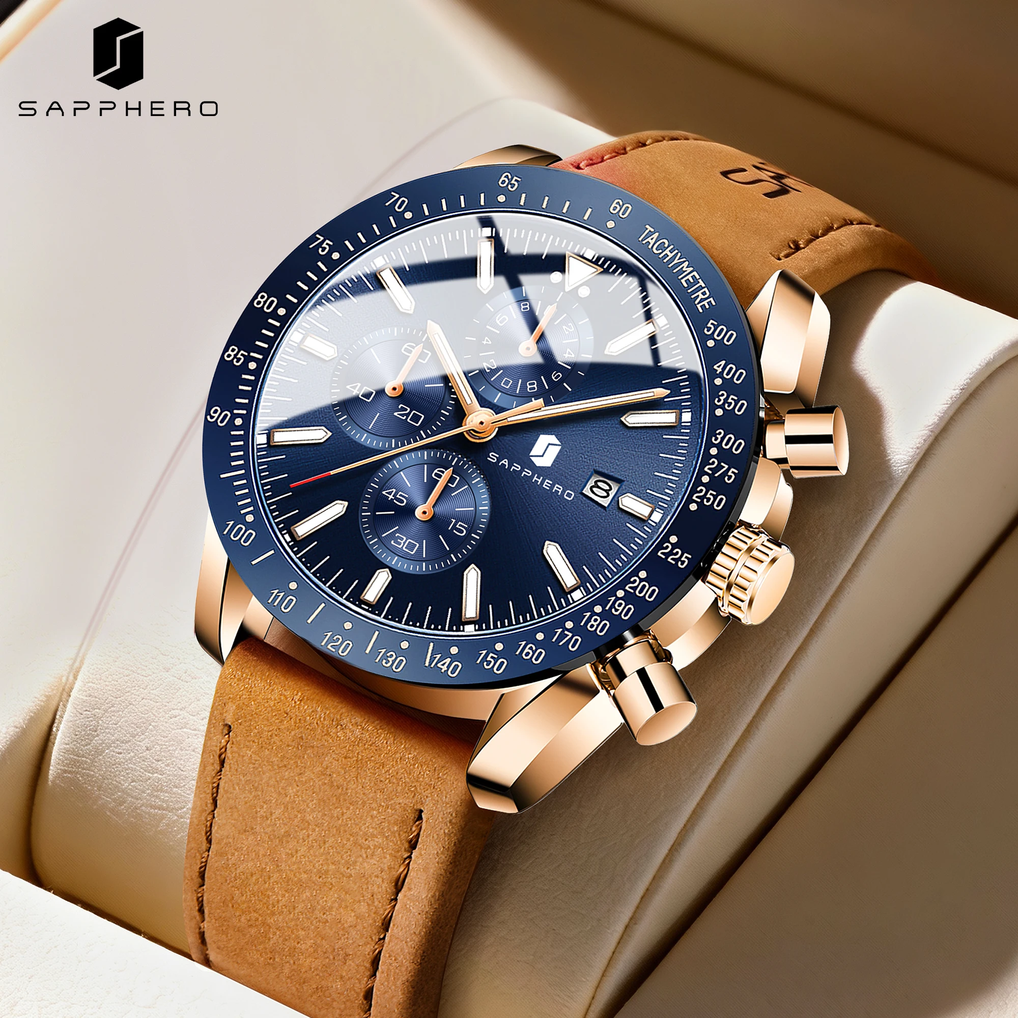 SAPPHERO Men's Quartz Chronograph Watch Date Display Blue Dial 50M Water Resistant Sport Luxury Wristwatch Elegant Fashion Business Casual Watch for Men Daily Wear Office Travel Gift