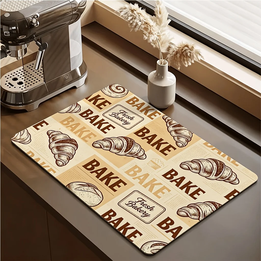 Dish Drying Mat Vintage Bakery Croissant Cushion Super Absorbent Coffee Maker Pad Tableware Drainage Board Placement Rug